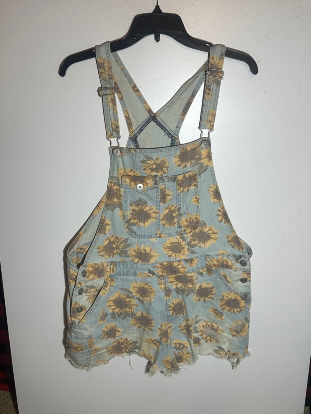 Sunflower Print Denim Short Overalls - Yellow on Light Blue